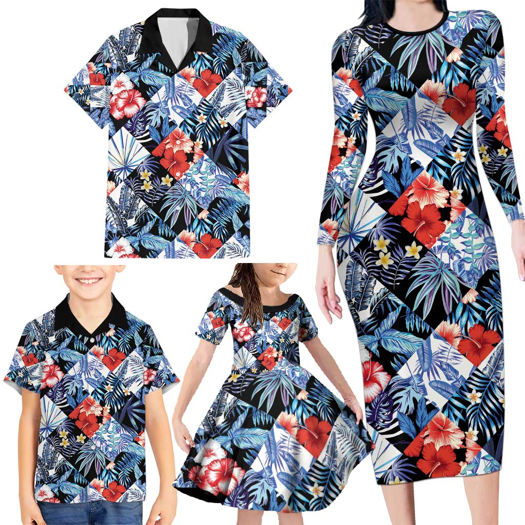 Hawaii Tropicana Blue Pattern Family Matching Long Sleeve Bodycon Dress and Hawaiian Shirt LT01 - Polynesian Pride