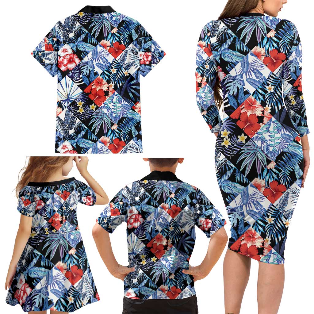 Hawaii Tropicana Blue Pattern Family Matching Long Sleeve Bodycon Dress and Hawaiian Shirt LT01 - Polynesian Pride