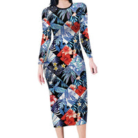 Hawaii Tropicana Blue Pattern Family Matching Long Sleeve Bodycon Dress and Hawaiian Shirt LT01 Mom's Dress Blue - Polynesian Pride