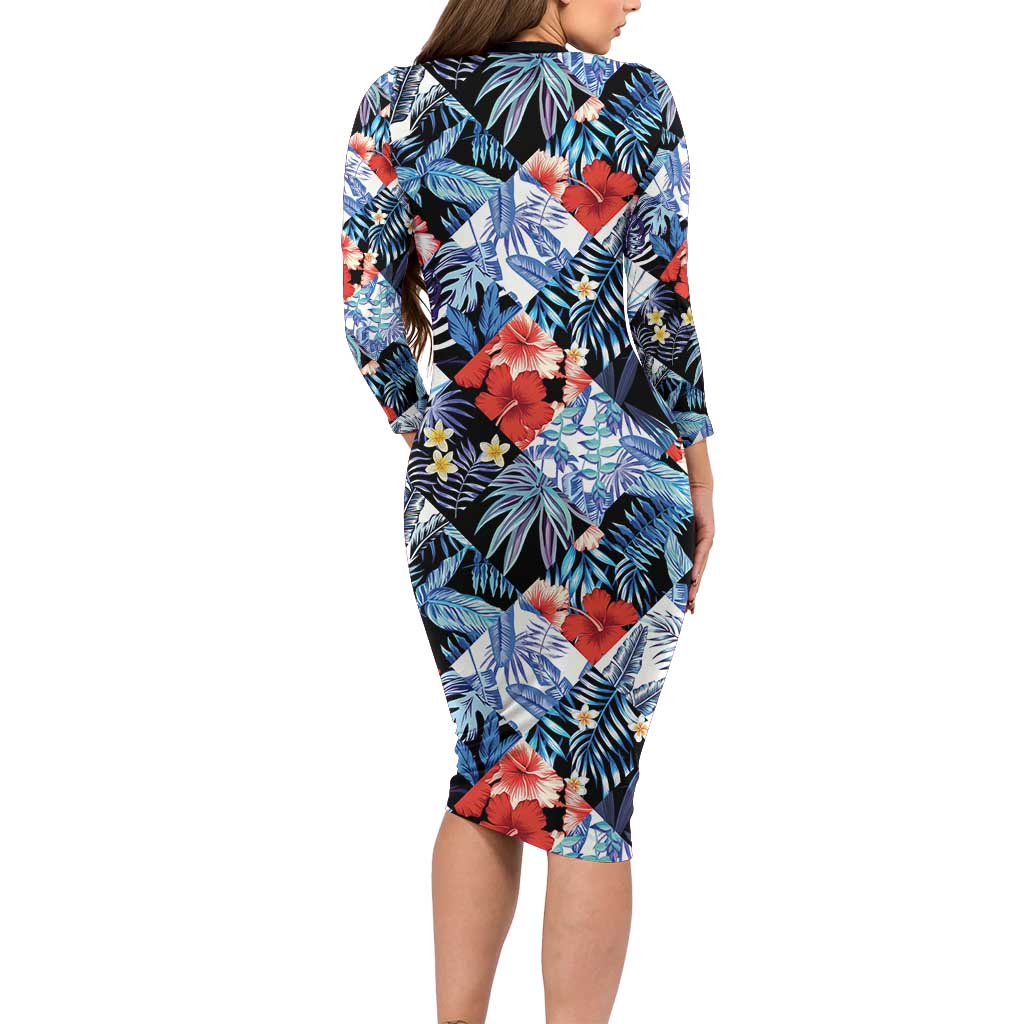 Hawaii Tropicana Blue Pattern Family Matching Long Sleeve Bodycon Dress and Hawaiian Shirt LT01 - Polynesian Pride
