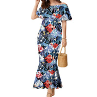 Hawaii Tropicana Blue Pattern Family Matching Mermaid Dress and Hawaiian Shirt LT01 Mom's Dress Blue - Polynesian Pride