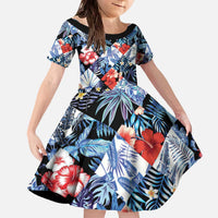 Hawaii Tropicana Blue Pattern Family Matching Off The Shoulder Long Sleeve Dress and Hawaiian Shirt LT01 Daughter's Dress Blue - Polynesian Pride