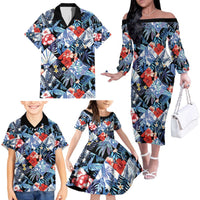 Hawaii Tropicana Blue Pattern Family Matching Off The Shoulder Long Sleeve Dress and Hawaiian Shirt LT01 - Polynesian Pride
