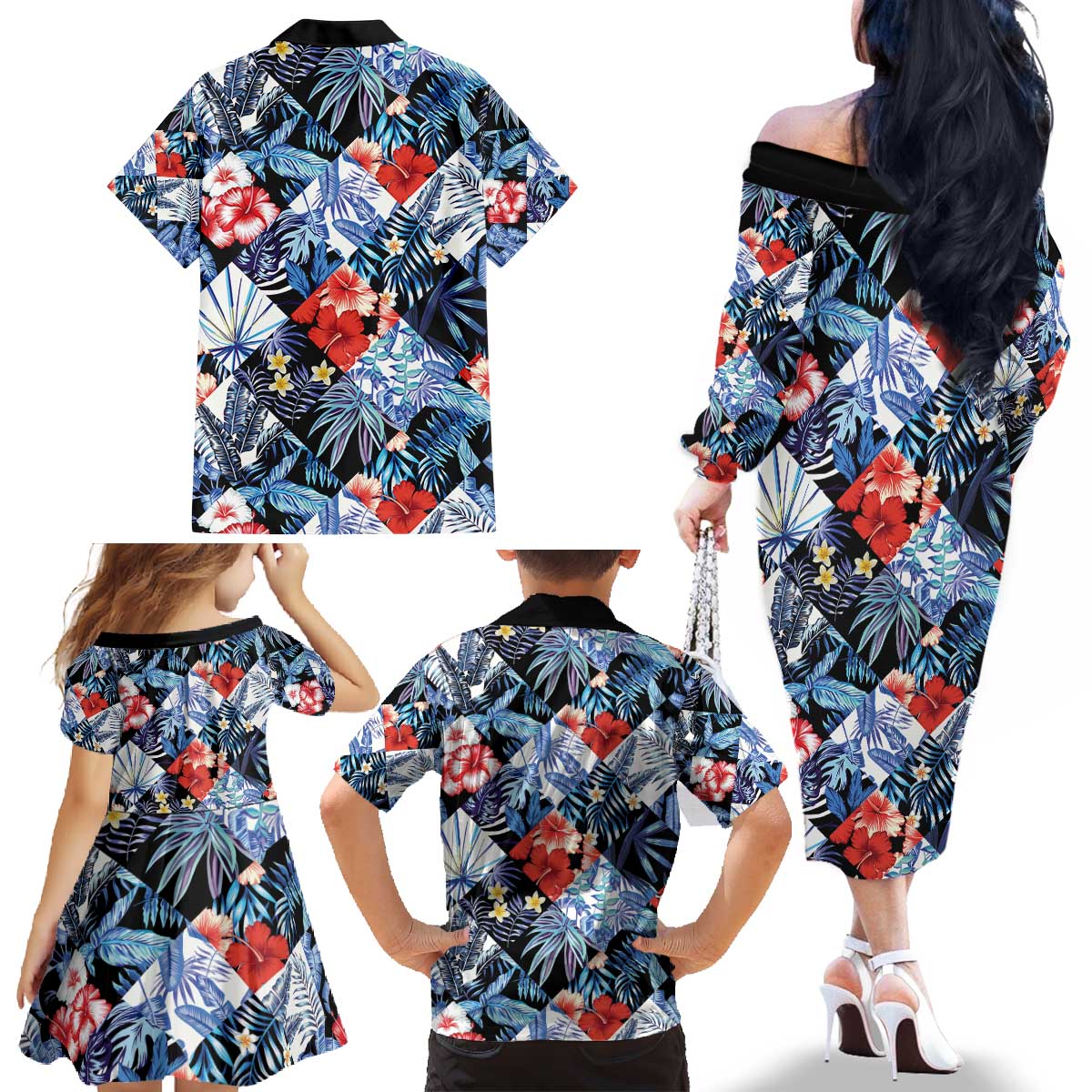 Hawaii Tropicana Blue Pattern Family Matching Off The Shoulder Long Sleeve Dress and Hawaiian Shirt LT01 - Polynesian Pride