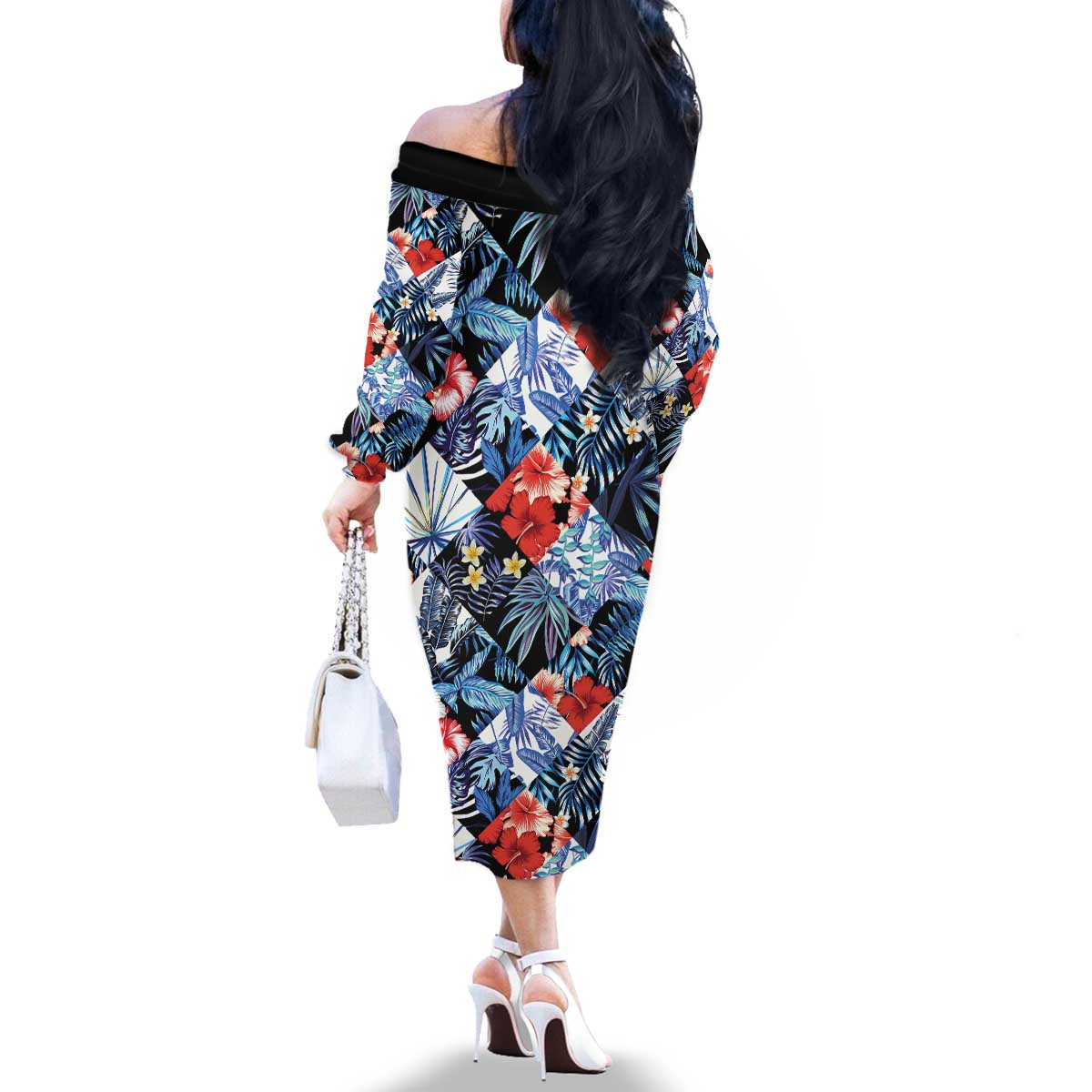 Hawaii Tropicana Blue Pattern Family Matching Off The Shoulder Long Sleeve Dress and Hawaiian Shirt LT01 - Polynesian Pride