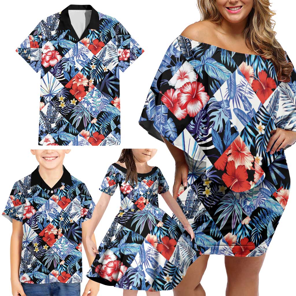Hawaii Tropicana Blue Pattern Family Matching Off Shoulder Short Dress and Hawaiian Shirt - Polynesian Pride
