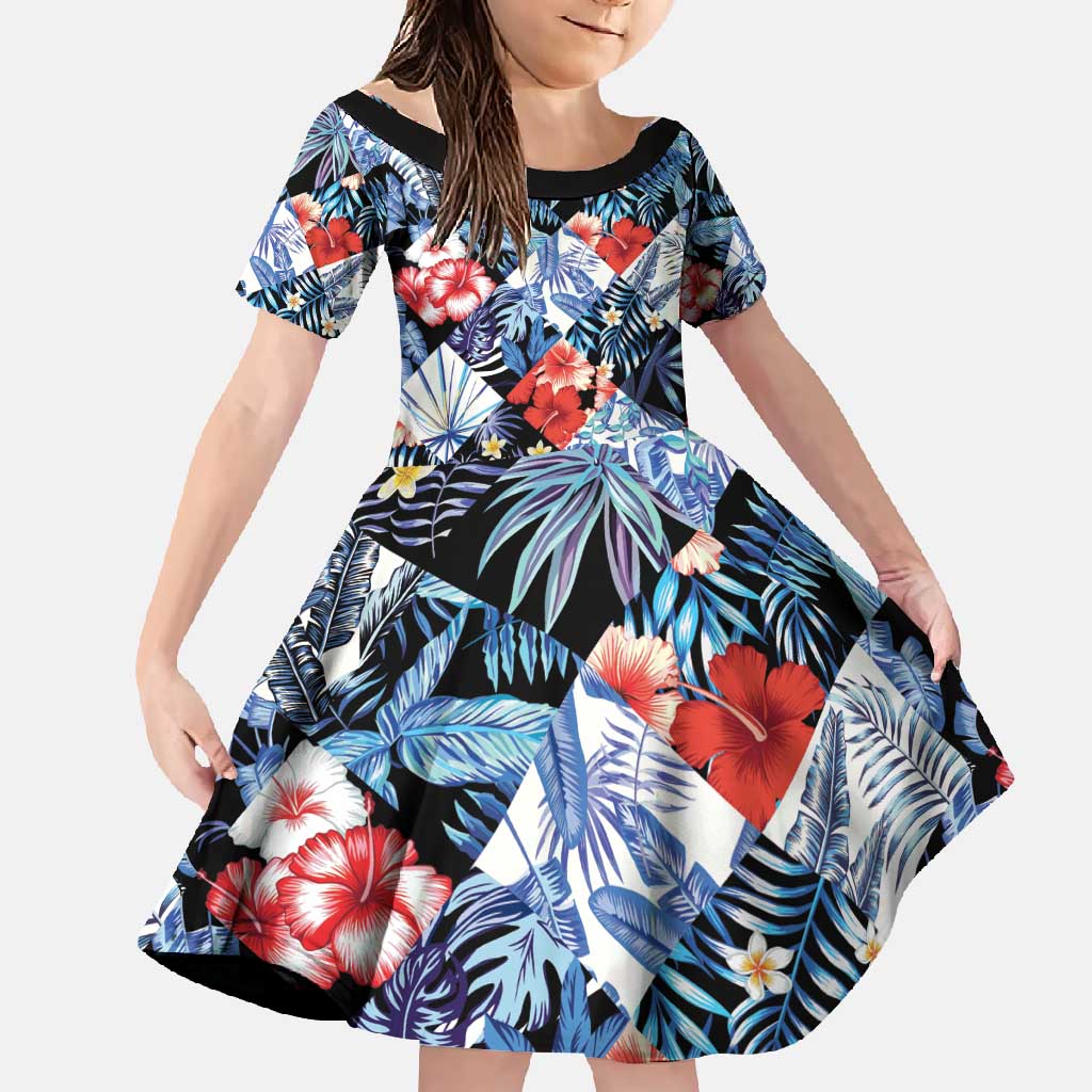 Hawaii Tropicana Blue Pattern Family Matching Short Sleeve Bodycon Dress and Hawaiian Shirt LT01 Daughter's Dress Blue - Polynesian Pride