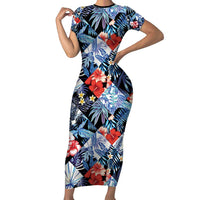 Hawaii Tropicana Blue Pattern Family Matching Short Sleeve Bodycon Dress and Hawaiian Shirt LT01 Mom's Dress Blue - Polynesian Pride