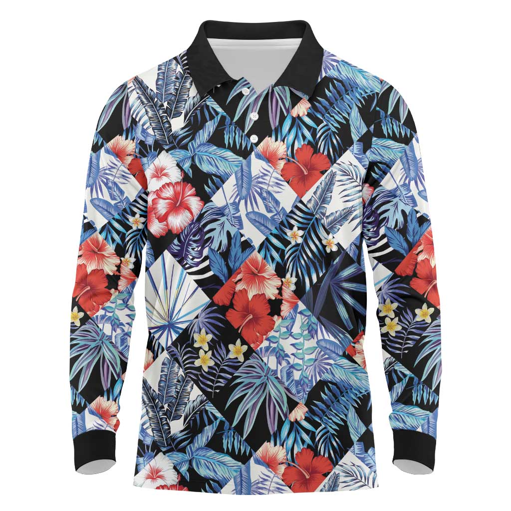 Hawaii Tropicana Blue Pattern Long Sleeve Polo Shirt LT01 Blue - Polynesian Pride