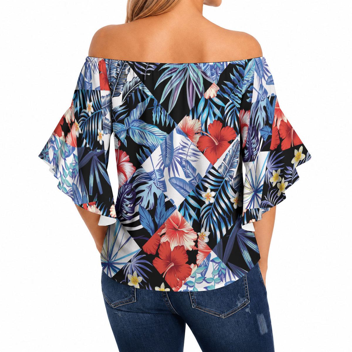 Hawaii Tropicana Blue Pattern Off Shoulder Wrap Waist Top LT01 - Polynesian Pride