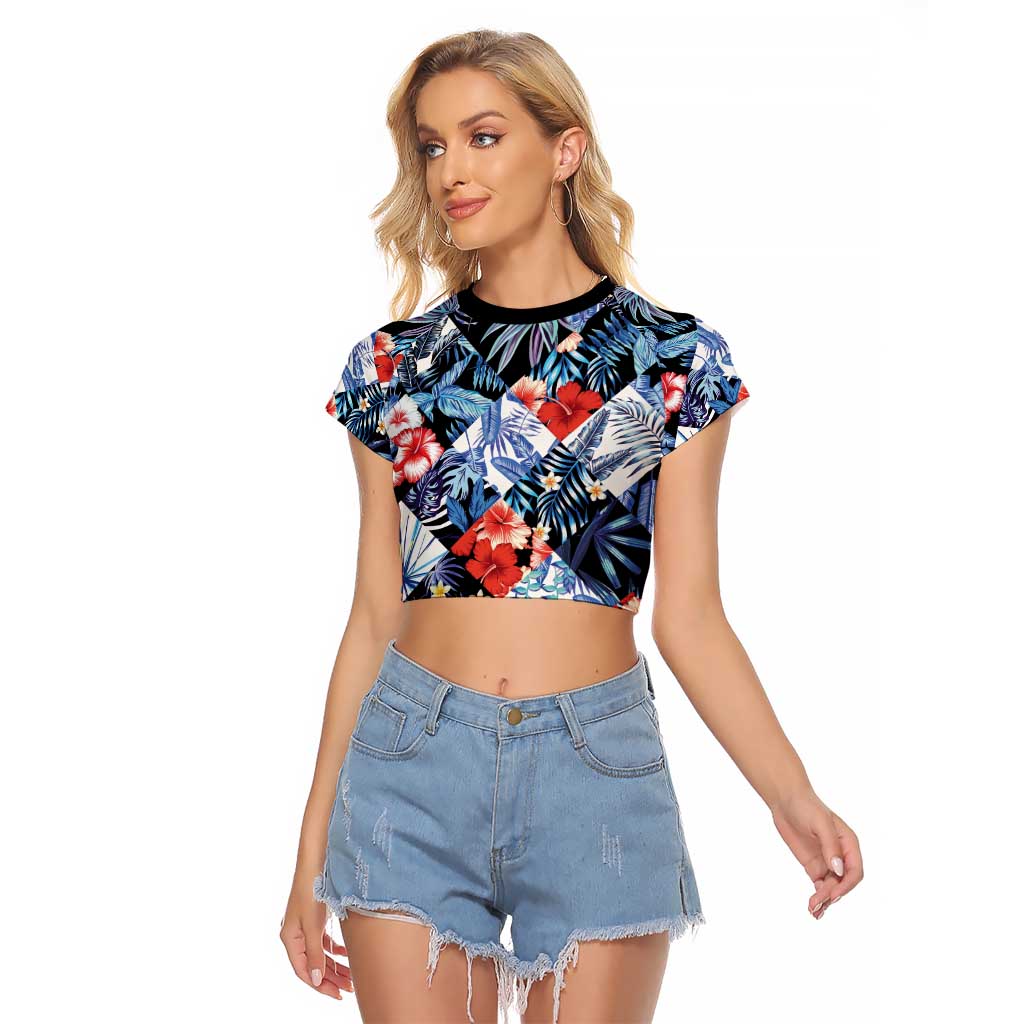 Hawaii Tropicana Blue Pattern Raglan Cropped T Shirt - Polynesian Pride