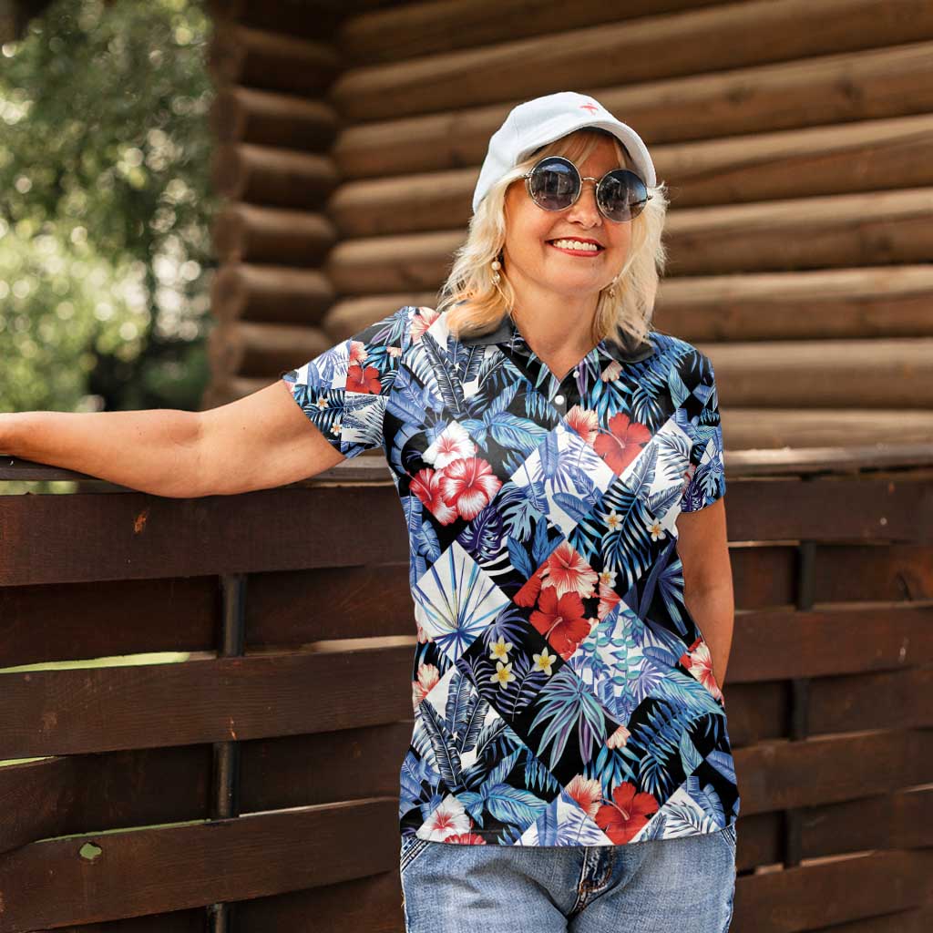 Hawaii Tropicana Blue Pattern Women Polo Shirt - Polynesian Pride