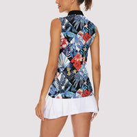 Hawaii Tropicana Blue Pattern Women Sleeveless Polo Shirt - Polynesian Pride