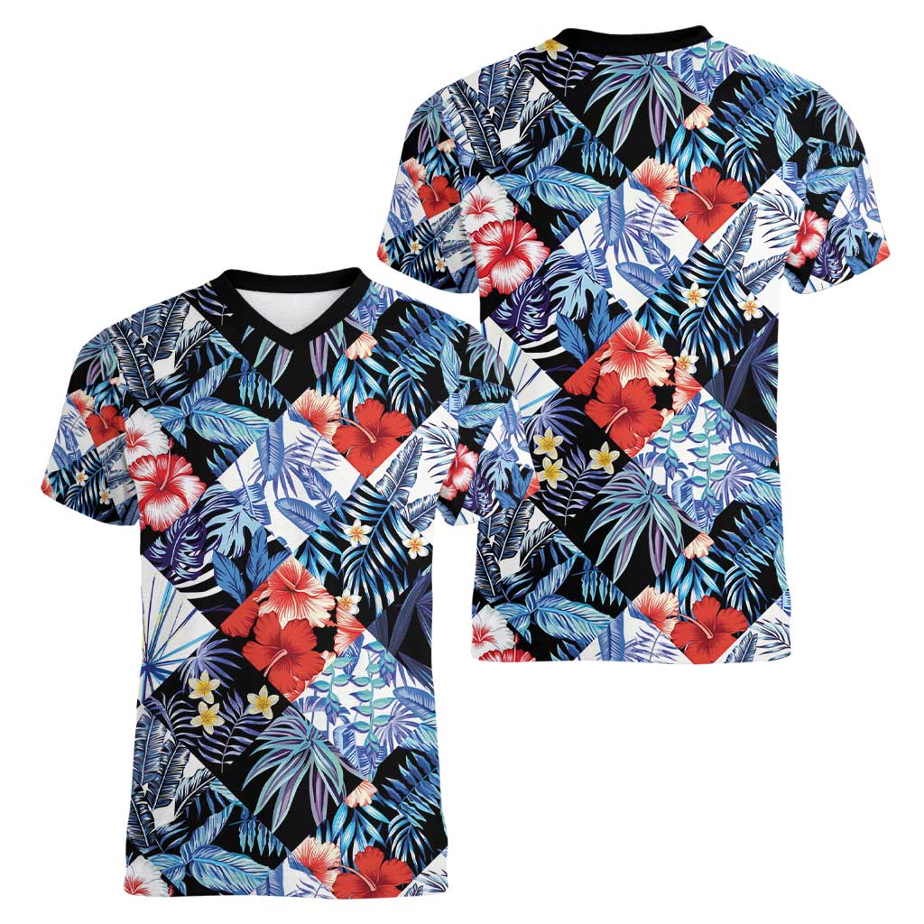 Hawaii Tropicana Blue Pattern Women V-Neck T-Shirt - Polynesian Pride