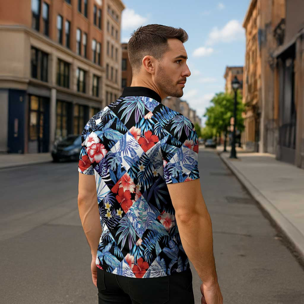 Hawaii Tropicana Blue Pattern Zipper Polo Shirt - Polynesian Pride