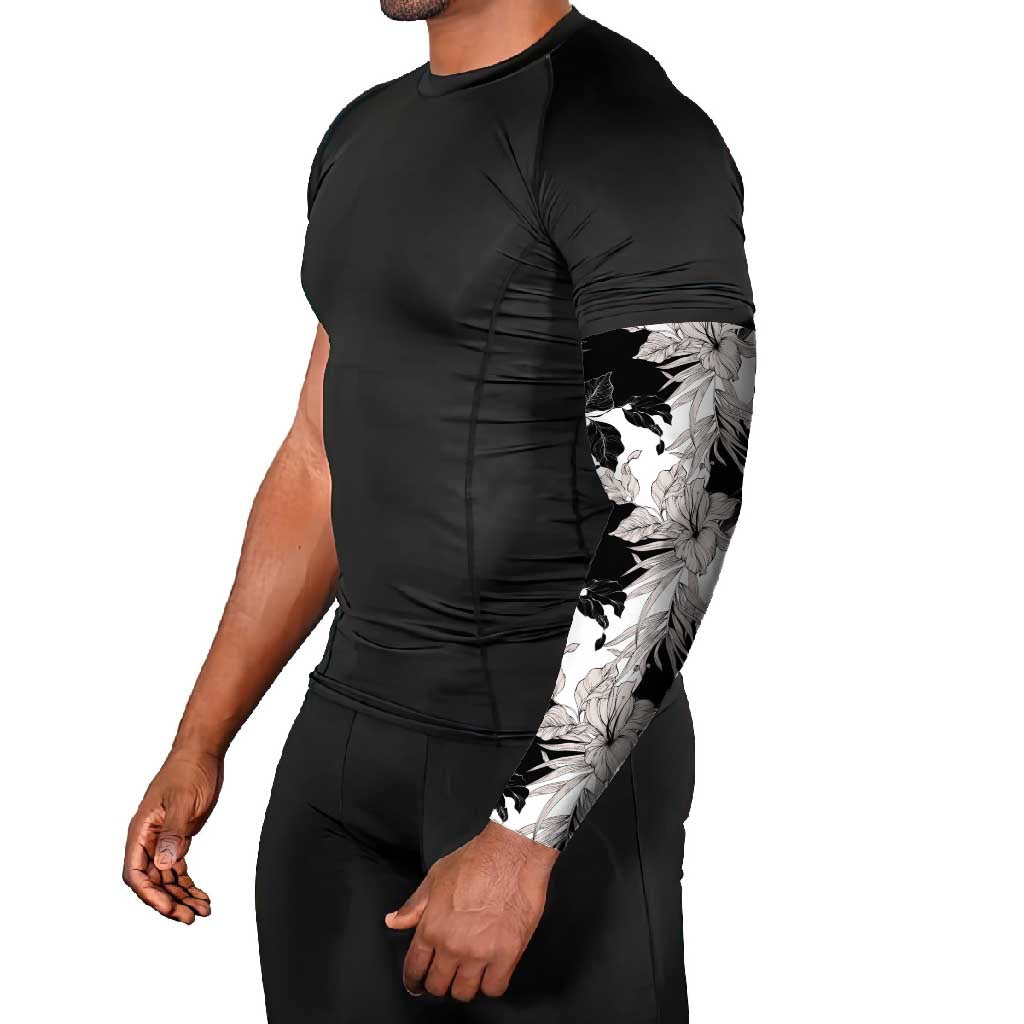 Black White Monotone Tropical Flowers Pattern Arm Sleeves - Polynesian Pride
