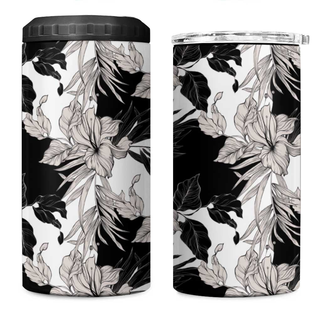 Black White Monotone Tropical Flowers Pattern 4 in 1 Can Cooler Tumbler LT01 One Size: 16 oz Black - Polynesian Pride