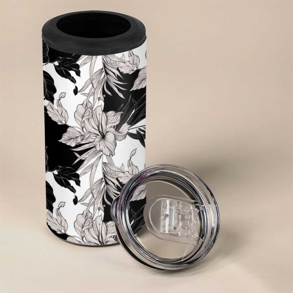 Black White Monotone Tropical Flowers Pattern 4 in 1 Can Cooler Tumbler LT01 - Polynesian Pride