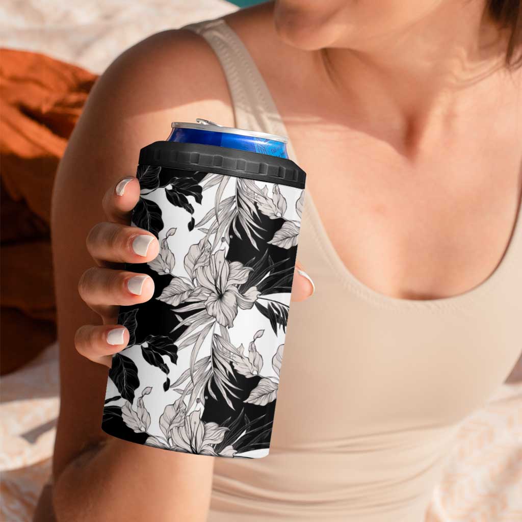Black White Monotone Tropical Flowers Pattern 4 in 1 Can Cooler Tumbler LT01 - Polynesian Pride