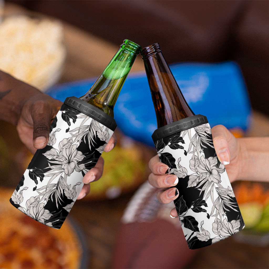 Black White Monotone Tropical Flowers Pattern 4 in 1 Can Cooler Tumbler LT01 - Polynesian Pride
