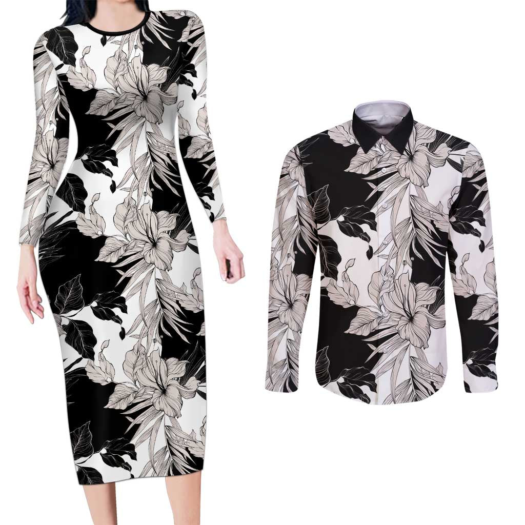 Black White Monotone Tropical Flowers Pattern Couples Matching Long Sleeve Bodycon Dress and Long Sleeve Button Shirt LT01 Black - Polynesian Pride