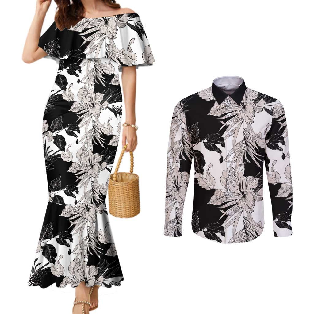 Black White Monotone Tropical Flowers Pattern Couples Matching Mermaid Dress and Long Sleeve Button Shirt LT01 Black - Polynesian Pride