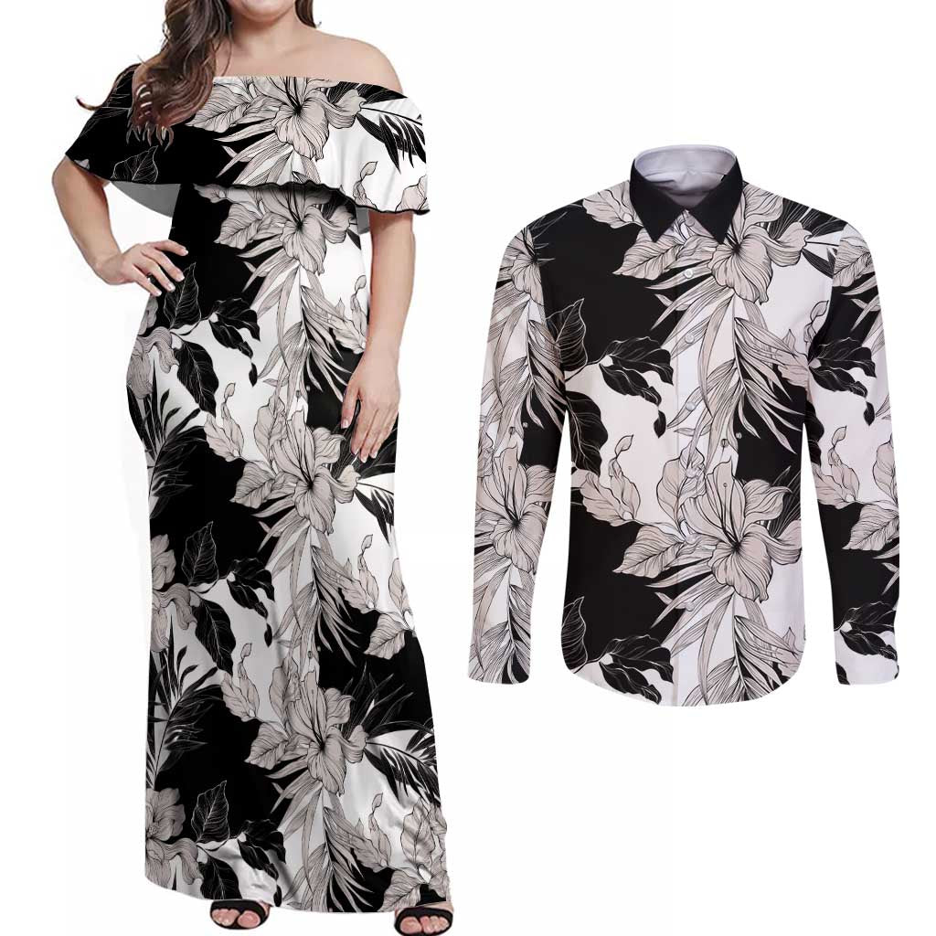 Black White Monotone Tropical Flowers Pattern Couples Matching Off Shoulder Maxi Dress and Long Sleeve Button Shirt LT01 Black - Polynesian Pride