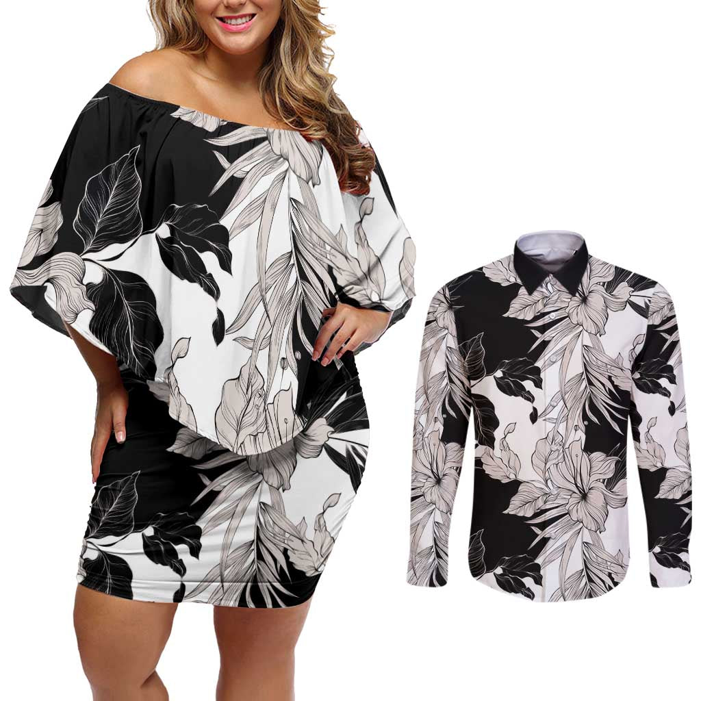 Black White Monotone Tropical Flowers Pattern Couples Matching Off Shoulder Short Dress and Long Sleeve Button Shirt LT01 Black - Polynesian Pride