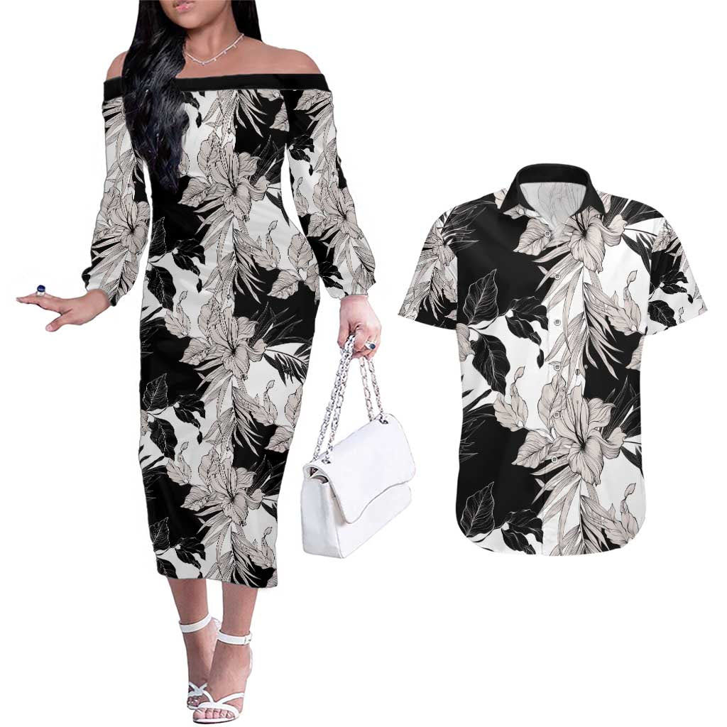 Black White Monotone Tropical Flowers Pattern Couples Matching Off The Shoulder Long Sleeve Dress and Hawaiian Shirt LT01 Black - Polynesian Pride