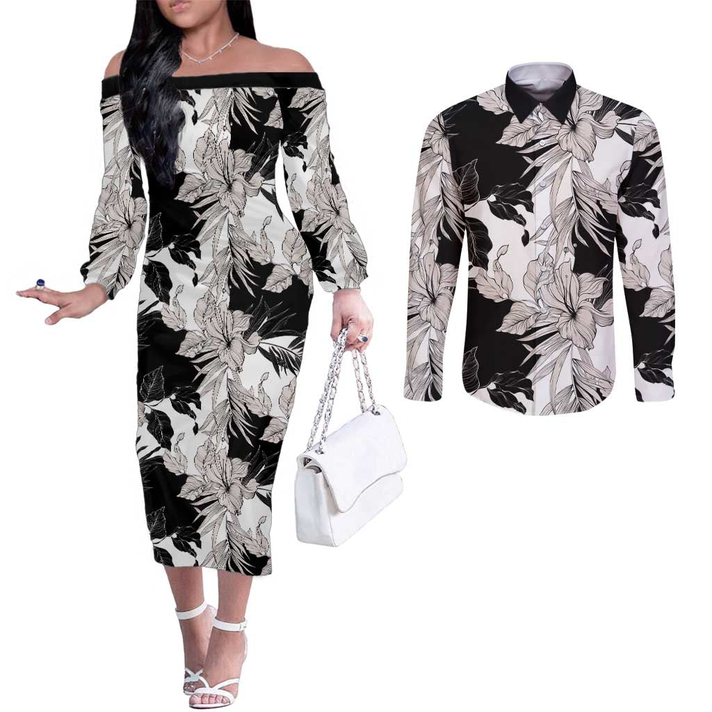 Black White Monotone Tropical Flowers Pattern Couples Matching Off The Shoulder Long Sleeve Dress and Long Sleeve Button Shirt LT01 Black - Polynesian Pride
