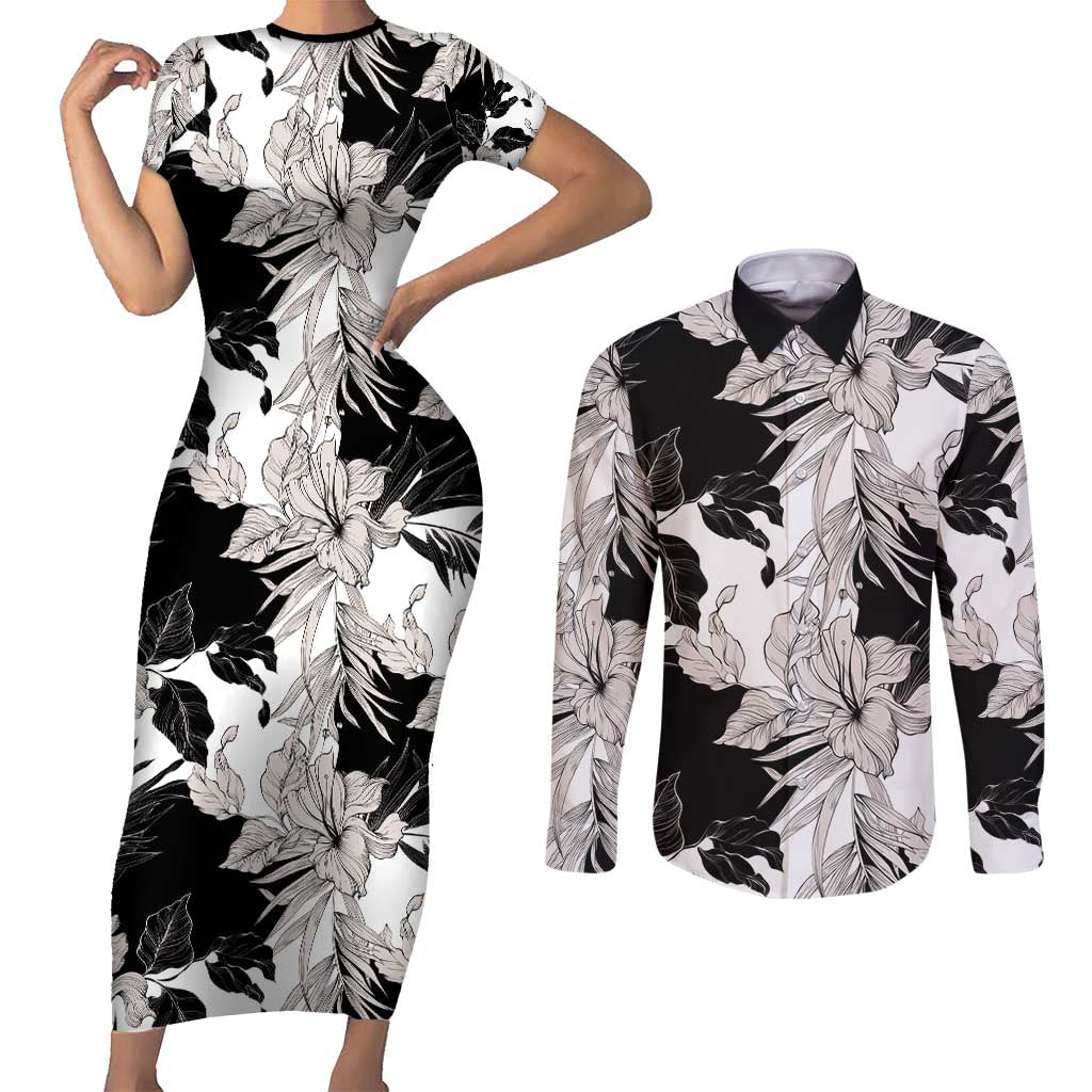 Black White Monotone Tropical Flowers Pattern Couples Matching Short Sleeve Bodycon Dress and Long Sleeve Button Shirt LT01 Black - Polynesian Pride