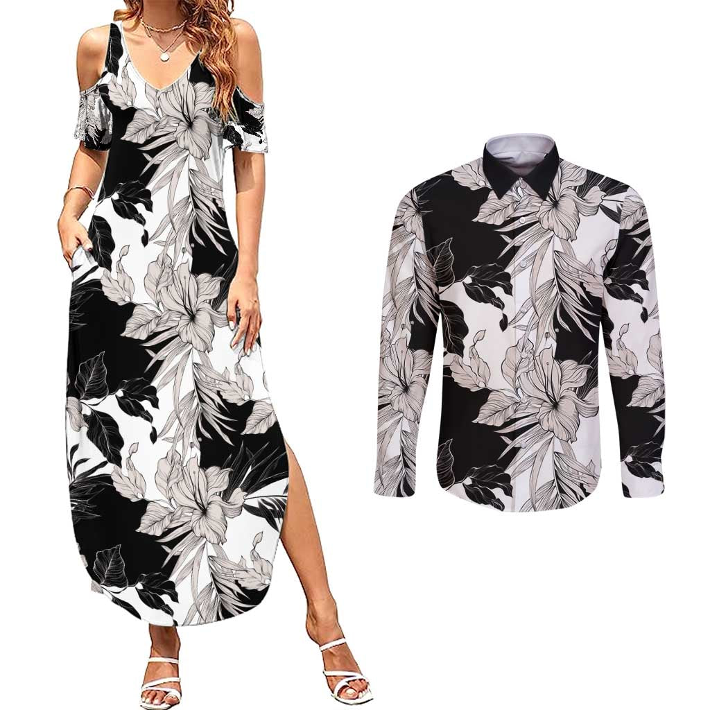 Black White Monotone Tropical Flowers Pattern Couples Matching Summer Maxi Dress and Long Sleeve Button Shirt LT01 Black - Polynesian Pride