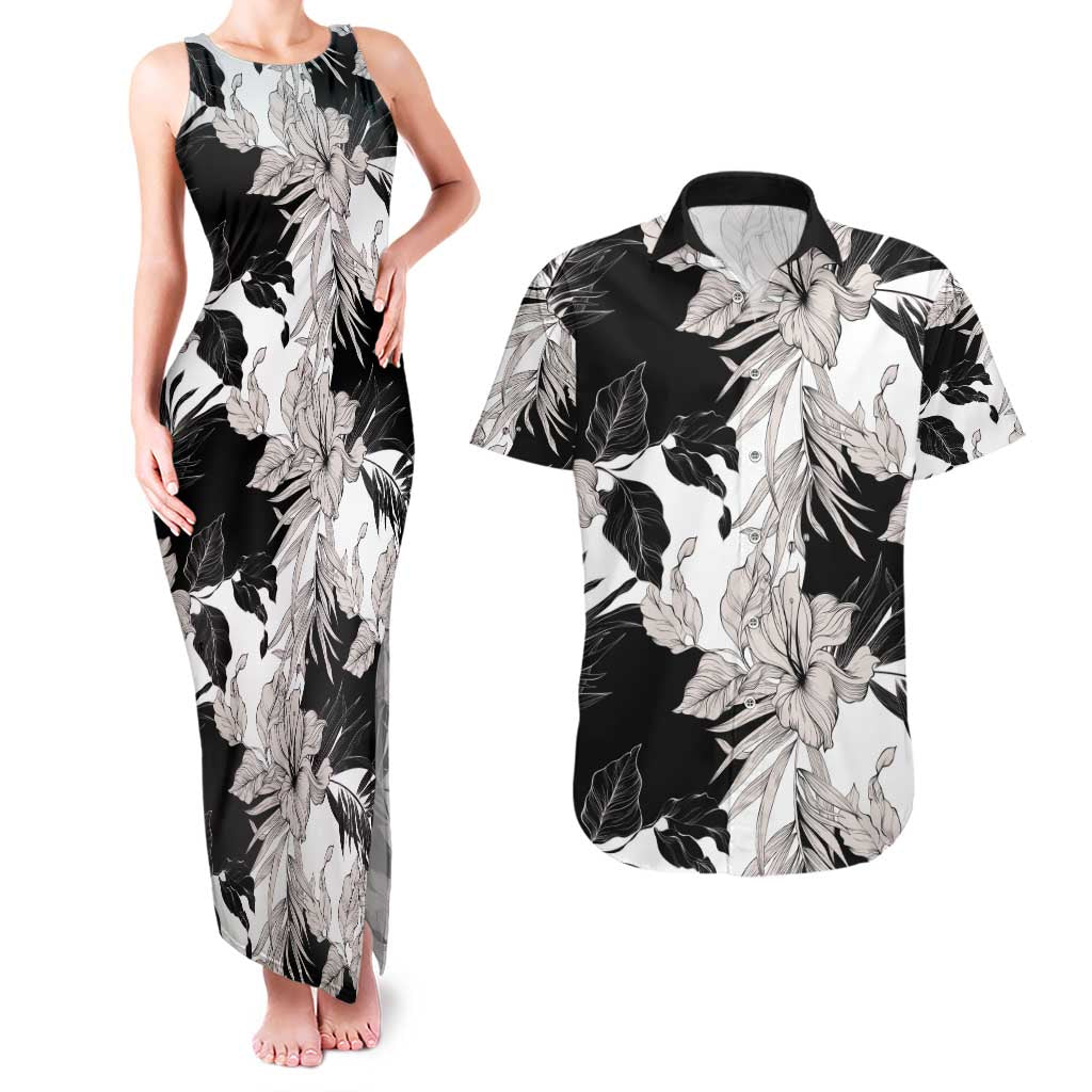 Black White Monotone Tropical Flowers Pattern Couples Matching Tank Maxi Dress and Hawaiian Shirt LT01 Black - Polynesian Pride