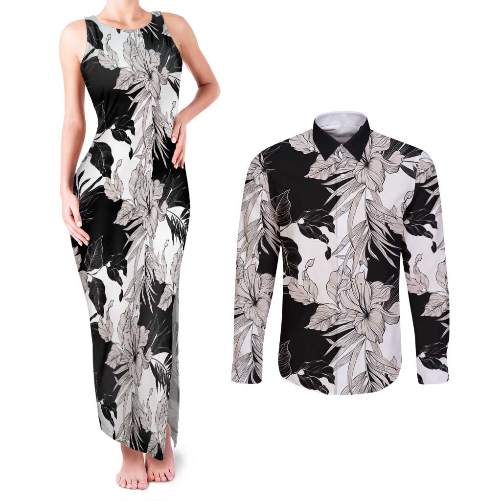 Black White Monotone Tropical Flowers Pattern Couples Matching Tank Maxi Dress and Long Sleeve Button Shirt LT01 Black - Polynesian Pride