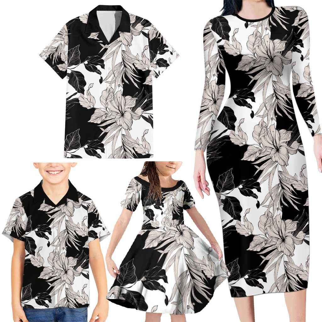 Black White Monotone Tropical Flowers Pattern Family Matching Long Sleeve Bodycon Dress and Hawaiian Shirt LT01 - Polynesian Pride