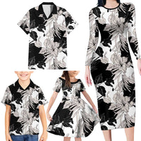 Black White Monotone Tropical Flowers Pattern Family Matching Long Sleeve Bodycon Dress and Hawaiian Shirt LT01 - Polynesian Pride