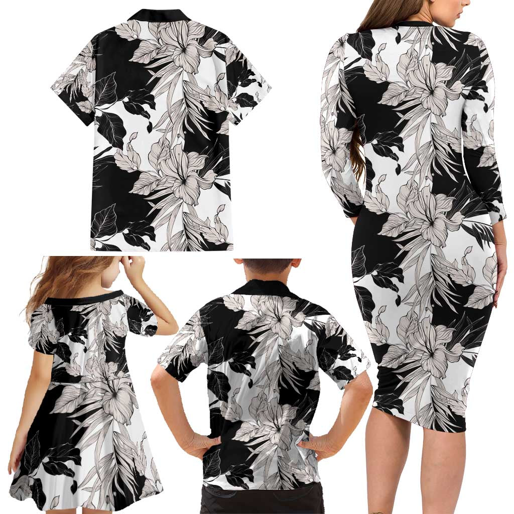 Black White Monotone Tropical Flowers Pattern Family Matching Long Sleeve Bodycon Dress and Hawaiian Shirt LT01 - Polynesian Pride