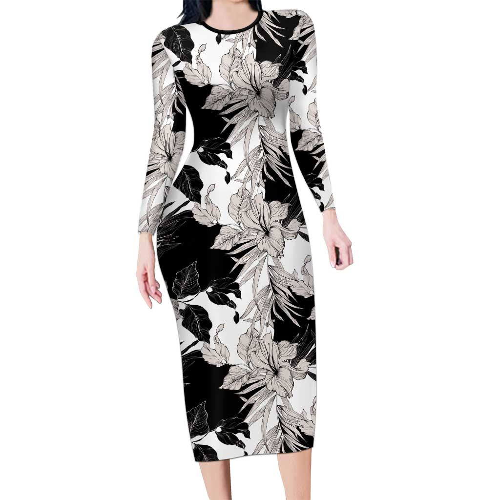 Black White Monotone Tropical Flowers Pattern Family Matching Long Sleeve Bodycon Dress and Hawaiian Shirt LT01 Mom's Dress Black - Polynesian Pride