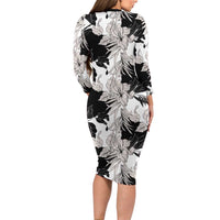 Black White Monotone Tropical Flowers Pattern Family Matching Long Sleeve Bodycon Dress and Hawaiian Shirt LT01 - Polynesian Pride