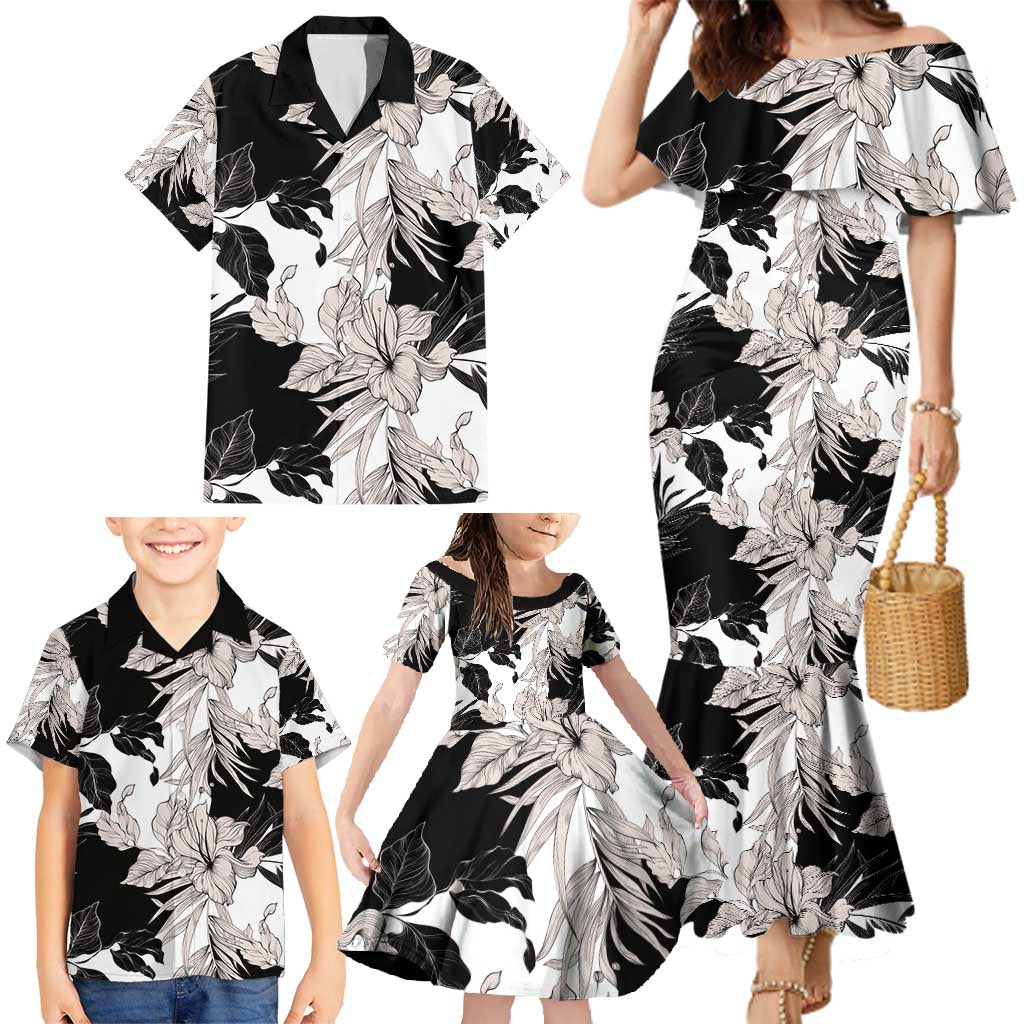 Black White Monotone Tropical Flowers Pattern Family Matching Mermaid Dress and Hawaiian Shirt LT01 - Polynesian Pride