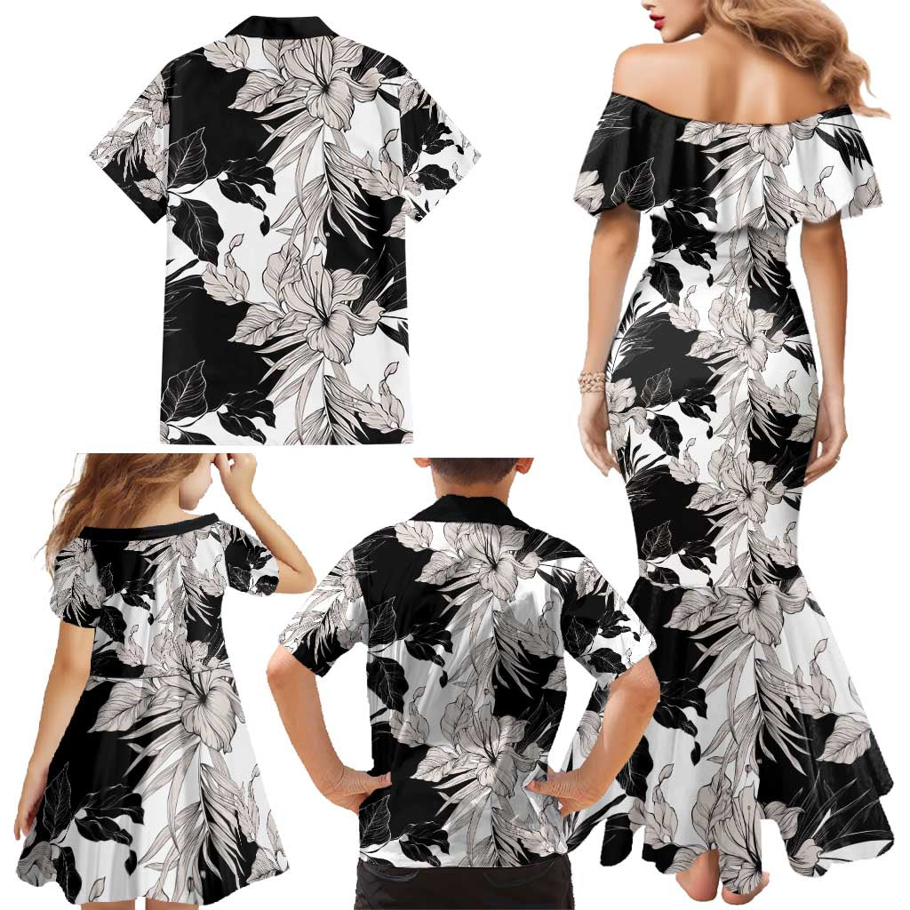 Black White Monotone Tropical Flowers Pattern Family Matching Mermaid Dress and Hawaiian Shirt LT01 - Polynesian Pride