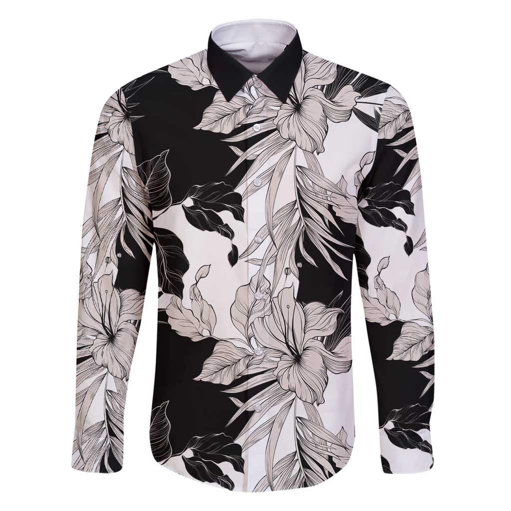 Black White Monotone Tropical Flowers Pattern Family Matching Mermaid Dress and Hawaiian Shirt LT01 Dad's Shirt - Long Sleeve Black - Polynesian Pride