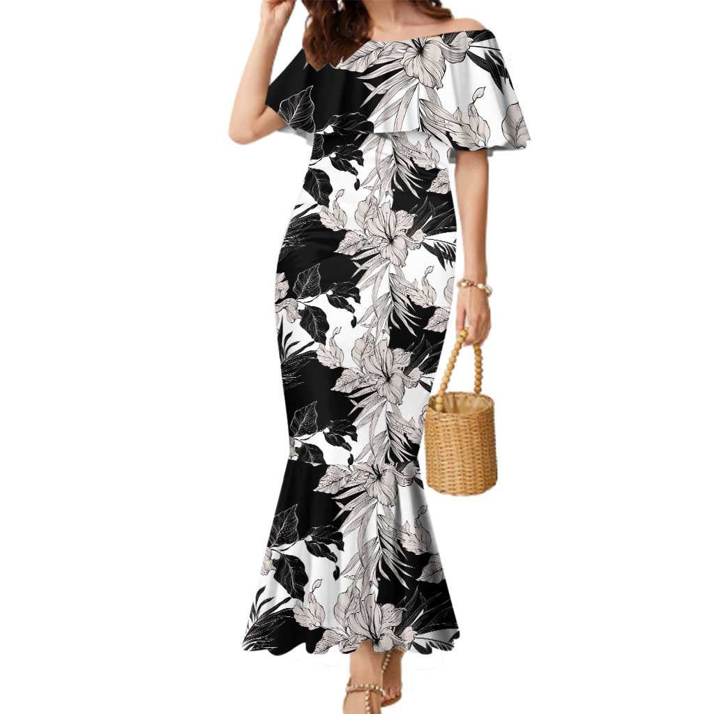 Black White Monotone Tropical Flowers Pattern Family Matching Mermaid Dress and Hawaiian Shirt LT01 Mom's Dress Black - Polynesian Pride