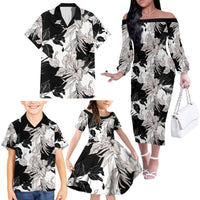 Black White Monotone Tropical Flowers Pattern Family Matching Off The Shoulder Long Sleeve Dress and Hawaiian Shirt LT01 - Polynesian Pride