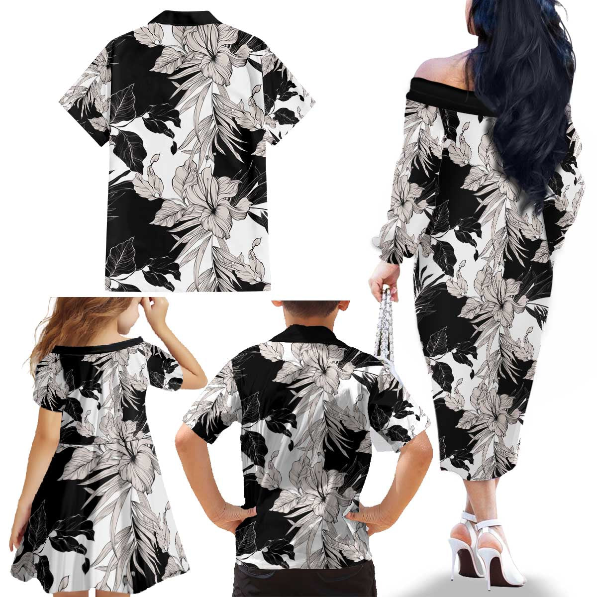 Black White Monotone Tropical Flowers Pattern Family Matching Off The Shoulder Long Sleeve Dress and Hawaiian Shirt LT01 - Polynesian Pride