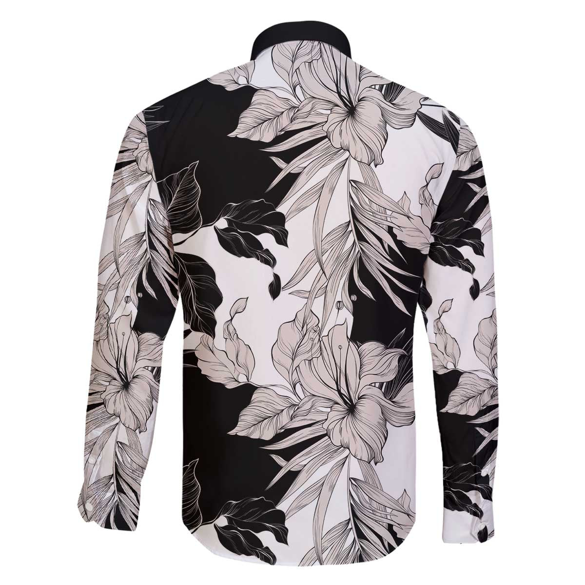 Black White Monotone Tropical Flowers Pattern Family Matching Off The Shoulder Long Sleeve Dress and Hawaiian Shirt LT01 - Polynesian Pride