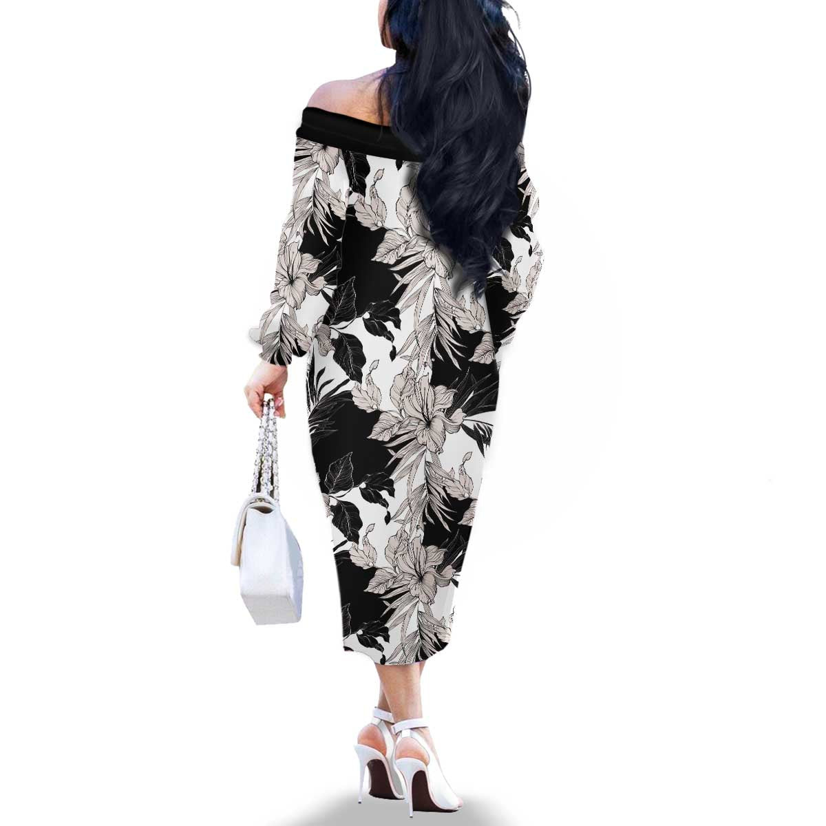Black White Monotone Tropical Flowers Pattern Family Matching Off The Shoulder Long Sleeve Dress and Hawaiian Shirt LT01 - Polynesian Pride