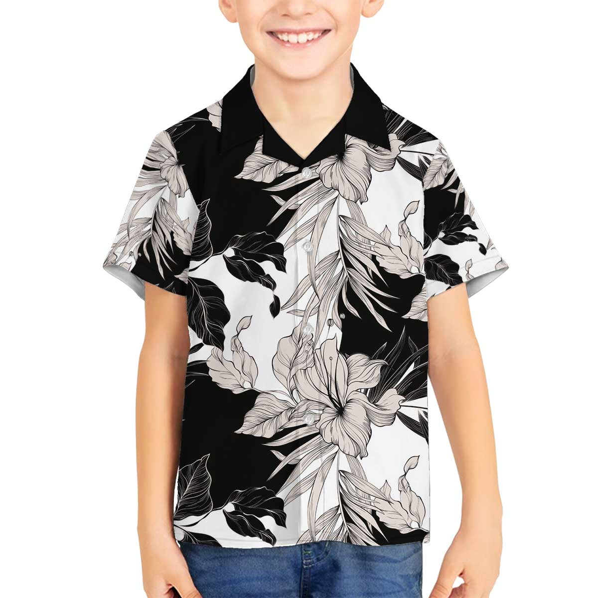 Black White Monotone Tropical Flowers Pattern Family Matching Off The Shoulder Long Sleeve Dress and Hawaiian Shirt LT01 Son's Shirt Black - Polynesian Pride