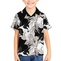 Black White Monotone Tropical Flowers Pattern Family Matching Off The Shoulder Long Sleeve Dress and Hawaiian Shirt LT01 Son's Shirt Black - Polynesian Pride