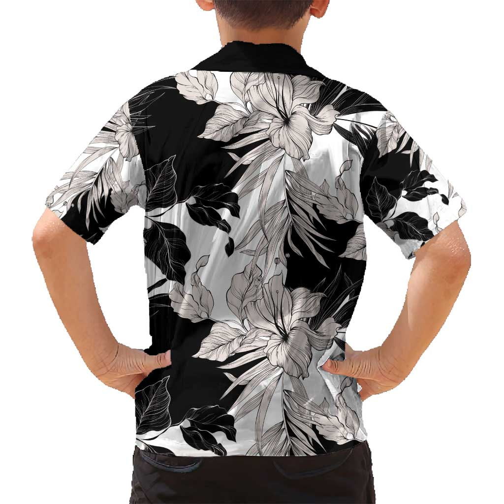 Black White Monotone Tropical Flowers Pattern Family Matching Off Shoulder Short Dress and Hawaiian Shirt - Polynesian Pride